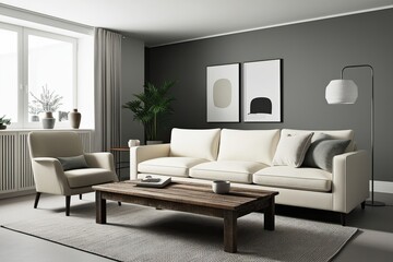 Minimalistic Scandinavian Living Room 3D Model with Ivory Sofa Reclaimed Wood Coffee Table and Elegant Decor