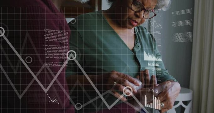 Animation of financial data processing over biracial senior couple at home - Powered by Adobe