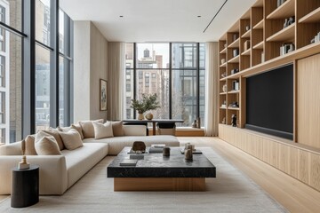 Fototapeta premium Modern living room featuring minimalist design and large windows.