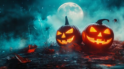 Naklejka premium Glowing jack o’ lanterns illuminated by moonlight in a spooky halloween night scene with eerie atmosphere and shadows