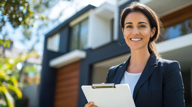 Smiling real estate agent with white clipboard stands confidently outside modern home, showcasing professionalism and approachability