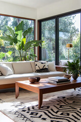 Fototapeta premium A living room in a house with large windows with a view of the forest. A mid century modern interior in a living room with a white sofa and a wooden table. Generative AI 