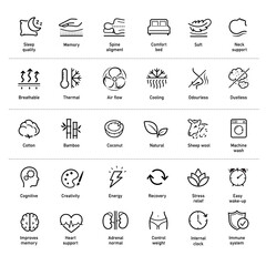 Set icons for comfortable and healthy sleep showing benefits and advantages. The outline icons are well scalable and editable. Contrasting elements are good for different backgrounds. EPS10.  © realstockvector