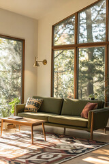 Fototapeta premium Mid century Modern interiors in living rooms with white walls and large windows, green comfortable-looking sofas and cushions and tables. Generative AI 
