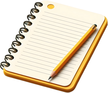A lined notepad with a wooden pencil on it, background removed png. generative AI