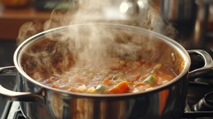 A pot of bubbling stew on the stove, with steam rising and aromatic ingredients visible, capturing the essence of home-cooked warmth