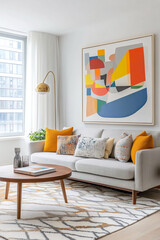 Mid century Modern interiors in living rooms with white walls hanging with art frames and white sofas and windows. Generative AI
