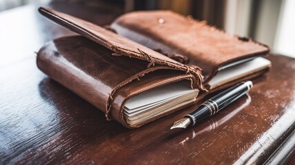 Leather Journal and Vintage Fountain Pen on Wooden Desk