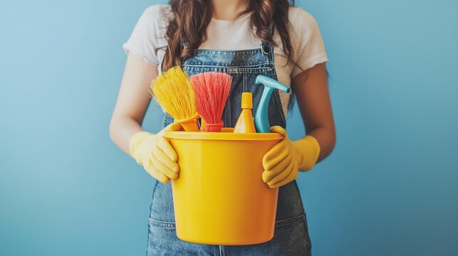 A person holding a yellow bucket filled with cleaning supplies against a blue background in a bright indoor space