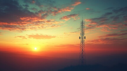 A radio tower standing tall against a sunset, emitting radio waves into the sky, symbolizing communication across vast distances.
