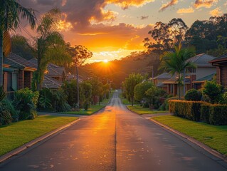 Fototapeta premium A serene neighborhood street at sunset, showcasing vibrant greenery, neatly trimmed lawns, and suburban houses under a golden sky with scattered clouds