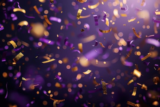 Purple and gold confetti explosion on dark background celebration festivity and glamour