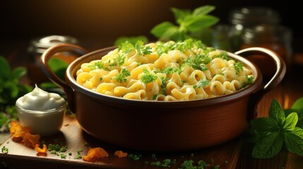 Front view fragrant mac and cheese with white background and spotlight for advertise and presentation. 