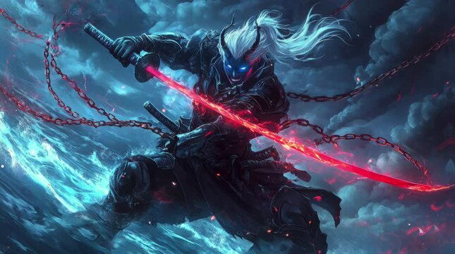 samurai who wears a typical Japanese devil mask and holds a katana in his hand. Virtual 4K video animation background with looping time lapse with very smooth graphics.