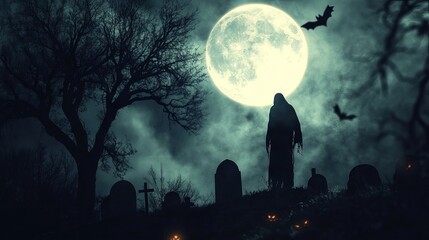 Zombie emerging from graveyard at night, haunted cemetery scene with full moon and bats, spooky dark atmosphere perfect for halloween event and holiday banner background