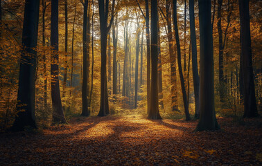 Fototapeta premium A forest of trees with yellow leaves in the fall season