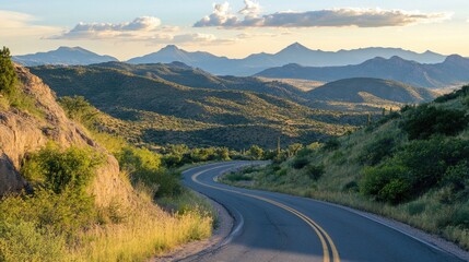 Naklejka premium A scenic overlook with a well-maintained mountain road winding through the landscape, offering stunning views of distant mountain ranges