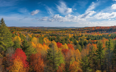 A panoramic view of the forest in full autumn color, with trees displaying various hues from green to red and yellow, against a blue sky