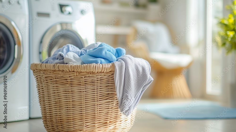 Wall mural A cozy laundry room with a wicker basket overflowing with clean clothes in bright natural light during the day