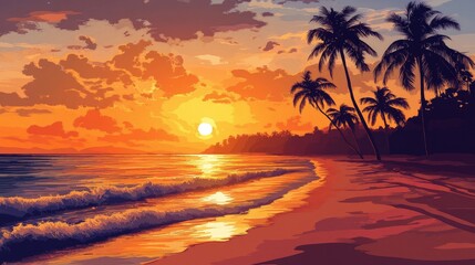 A scenic sunset view over a sandy beach with silhouettes of palm trees and gentle waves reflecting the warm, golden hues of the evening sky.