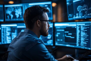 Fototapeta premium A man in a dark room looks at computer screens with blue lights reflecting on his face.