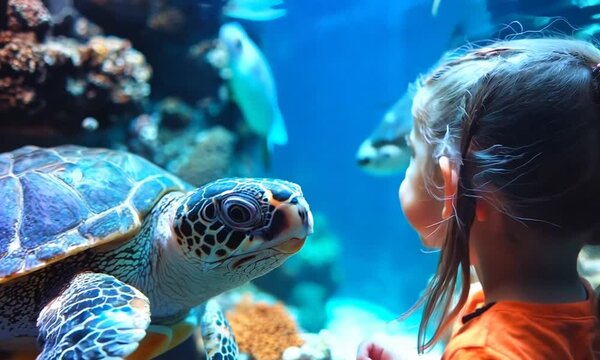 A Little Girl's Wonder at a Sea Turtle