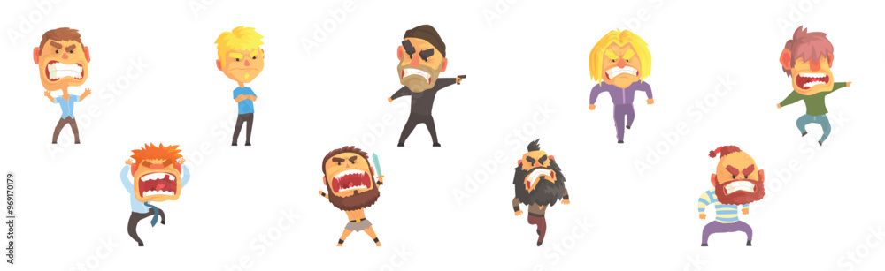 Poster angry and exasperated man character shouting and yelling vector set