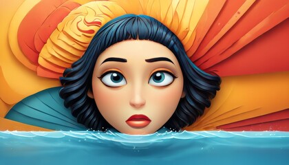 An intriguing animation of a girl submerged in water, surrounded by a vibrant and colorful background. Her wide-eyed expression conveys a sense of wonder or surprise, making this image ideal for
