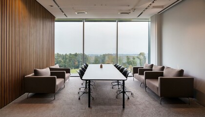 Meeting room interior with long table and sofa, panoramic window. Mockup wall
