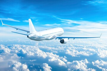 Fototapeta premium Airplane flying in the sky - travel background with flying airplane with blank livery with generative ai