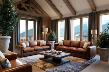 Luxury 3D Visualization of Upscale Chalet Living Room Featuring Leather Sofas Elegant Stone Plants and Custom Sophisticated Furniture