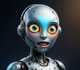 A highly detailed 3D rendering of an expressive silver robot wearing headphones, set against a dark background. The robot has large, bright eyes and a surprised expression, showcasing advanced