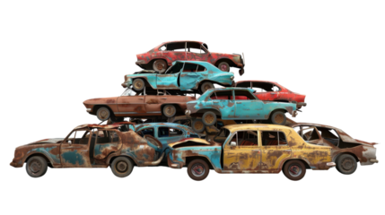 Scrap cars pile on transparent background