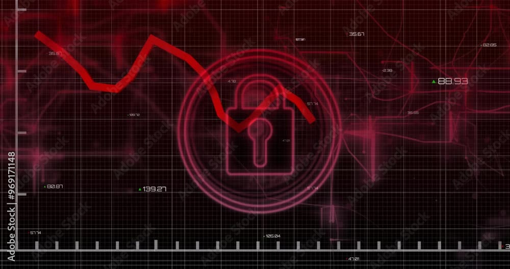 Poster animation of padlock and data processing over grid on dark background