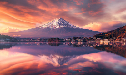Photograph of Mount Fuji with its reflection in the lake at sunset, Japan. The mountain is covered in snow and surrounded by houses