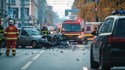 Obraz premium Car Crash Scene with Firefighters and Police