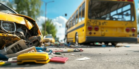 Fototapeta premium A wrecked yellow car near a school bus.