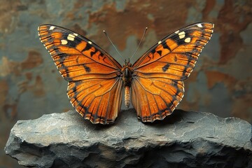 Obraz premium delicate orange monarch butterfly perched on rough gray stone wings spread against textured backdrop symbolizing fragility and strength