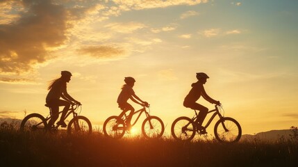 Fototapeta premium A silhouette of a family enjoying a bike ride together, their figures outlined against a scenic sunset, emphasizing the joy of shared activities.