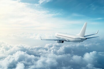 Obraz premium Airplane flying in the sky - travel background with flying airplane with blank livery with generative ai