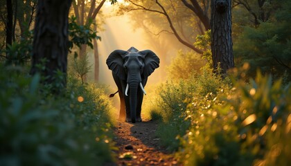 Fototapeta premium L'éléphant, paisible et imposant, progresse silencieusement sur un chemin verdoyant, ses pieds amortissant son poids, créant une harmonie subtile avec la forêt luxuriante qui l'entoure.