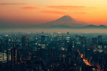 A breathtaking aerial view of Tokyo at dusk, showcasing the city's vibrant lights and skyscrapers against the backdrop of Mount Fuji