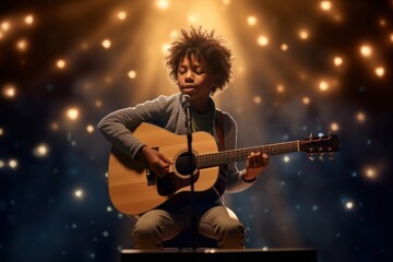Obraz premium A 7 years old black boy playing acoustic guitar spot light lighting talent show scene microphone.