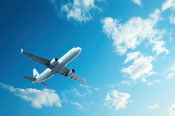Obraz premium Airplane flying in the sky - travel background with flying airplane with blank livery with generative ai
