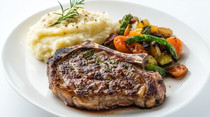 A sizzling steak with a side of garlic mashed potatoes and saut vegetables, elegantly arranged on a pristine white background.