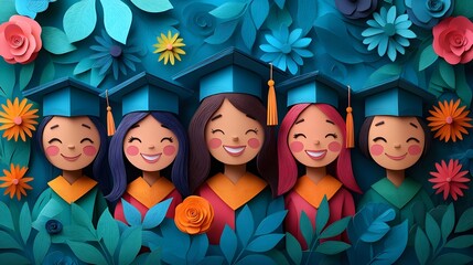 Vector papercut art of graduates celebrating with a selfie, happy faces, colorful design, graduation caps and gowns.