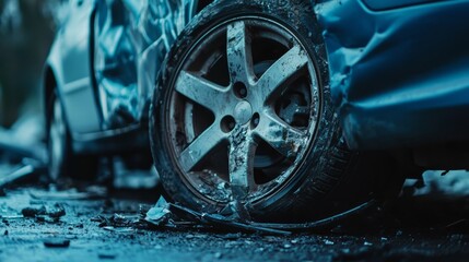 Obraz premium Damaged Car Wheel After Accident Close Up