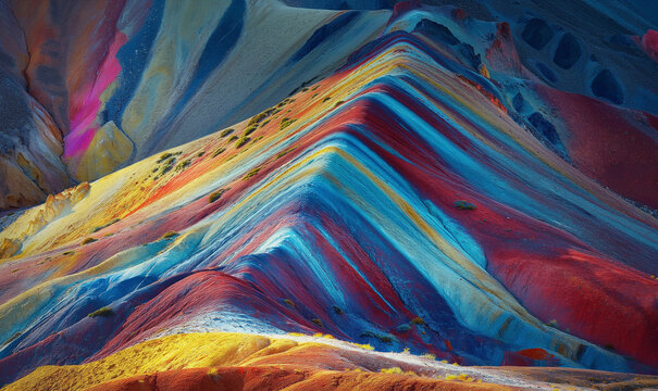 Red Rainbow Mountain in Peruvian Patagonia, blue sky, white clouds, panoramic view, colorful mountains, terraced peaks, beautiful scenery