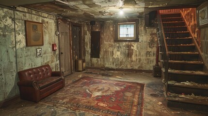 An abandoned basement featuring a worn-out red couch, rustic staircase, exposed ceiling, aged wall decorations, and a neglected vintage area rug, all contributing to a haunting yet nostalgic