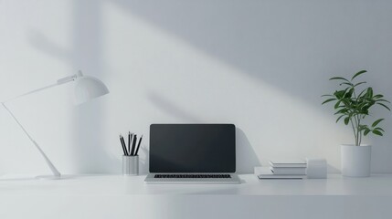 A sleek, minimalist desk setup with a clean white surface, a modern laptop, a simple desk lamp, and a few neatly arranged office supplies.